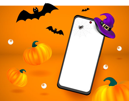 Happy Halloween holiday ad banner. Soaring or flying mockup of mobil phone, orange pumpkins, purple witch hat, bats and eyes. Editable vector illustration.の写真素材