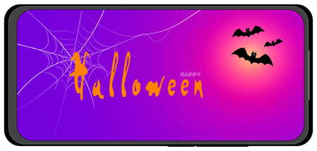 Happy Halloween holiday greeting or ad banner on mobile phone screen in horizontal orientation with text, flying bats and spiderweb isolated on white background. Editable vector illustration.のイラスト素材