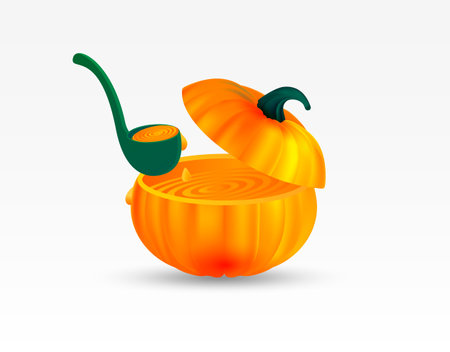 Pumpkin cream soup in pumpkin and soup ladle or kitchen spoon, traditional Thanksgiving food. Realistic vector Illustration isolated on a white backgroundのイラスト素材