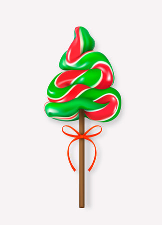 Green and red Christmas tree candy on wooden stick with ribbon isolated on white background, Realistic vector illustration.の写真素材