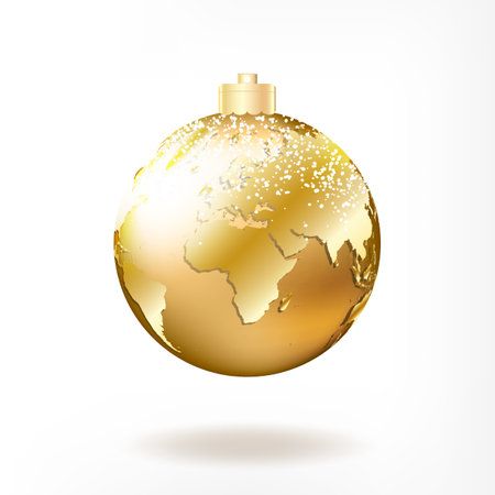Christmas golden planet Earth ball. Holiday vector illustration of traditional festive X-mas bauble with global map. Merry Christmas and Happy New Year greeting card design element.のイラスト素材