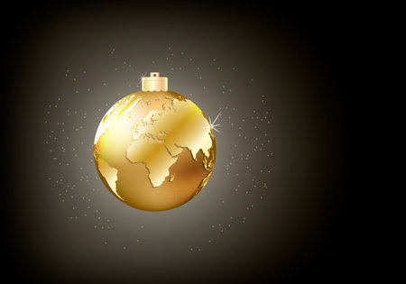 Shining Christmas golden ball with world map on it on dark backgroung with light and star dust. Conceptual vector illustration of the fragility of the planet Earth.の写真素材