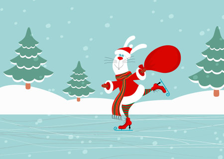 A funny smiling bunny or rabbit dressed in santa claus clothes carrying a big bag with christmas gifts is skating in front of a fir forest in the background. Editable vector illustrationのイラスト素材