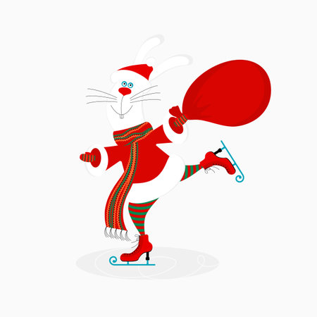 Cute smiling bunny or rabbit wearing santa claus clothes carrying christmas gift bag skating isolated on white background. Editable vector illustrationのイラスト素材
