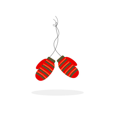 Two cute knitted mittens in cartoon flat style isolated on white background. Vector illustrationのイラスト素材