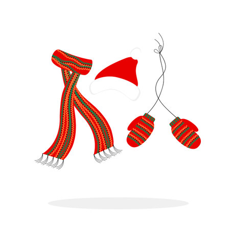 Set of winter accessories: Santa Claus red hat, lond scarf and pair of cute knitted mittens in cartoon flat style isolated on white background. Vector illustrationのイラスト素材
