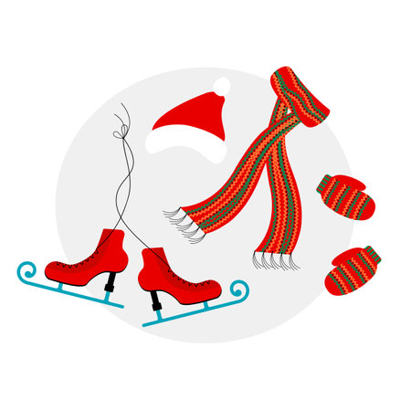 Set of cute winter accessories: Santa Claus red hat, lond scarf, Figure skates and pair of knitted mittens in cartoon flat style isolated on white background. Christmas Vector illustrationのイラスト素材