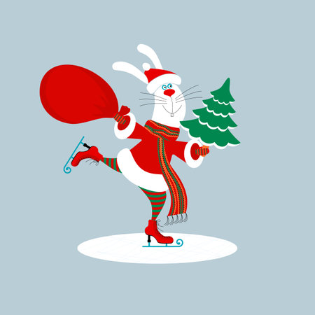 A funny smiling bunny or rabbit wearing santa claus clothes holding big red bag with gifts and green christmas tree is skating on ice. Editable vector illustrationのイラスト素材