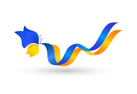 Butterfly of the colors of the Ukrainian national flag flying with blue and yellow colors ribbons isolated on white background. Vector illustration.のイラスト素材