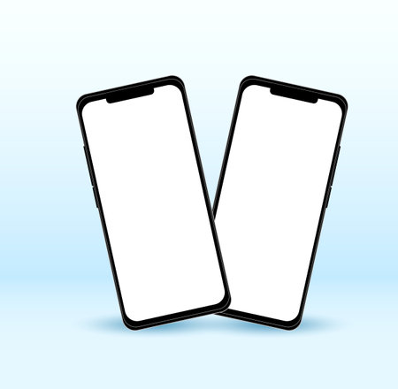 Two empty smartphone mockups in rotated position. Template 3D realistic device on blue background. Vector illustration EPS10のイラスト素材