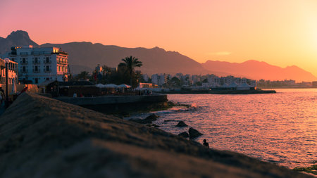 Cyprus, Girne, Kirenia - April, 2023: Kirenia city, sea coast, Island Cyprus, Girne, Kirenia, evening viewのeditorial素材