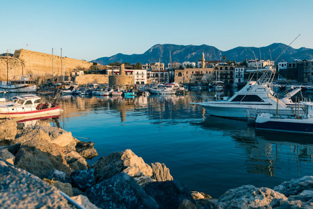 Cyprus, Girne, Kirenia - April, 2023: Kirenia Castle, evening view, Old harbour, famous historical popular tourist placeのeditorial素材