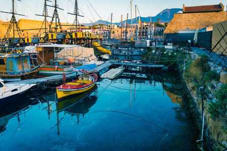 Cyprus, Girne, Kirenia - April, 2023: Kirenia Castle, evening view, Old harbour, famous historical popular tourist placeのeditorial素材