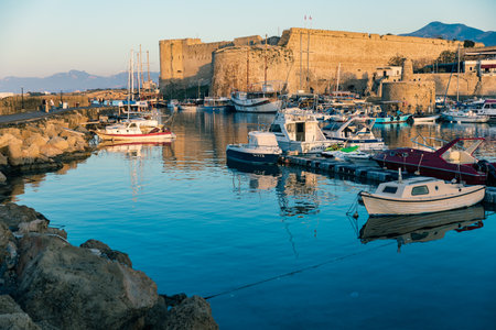 Cyprus, Girne, Kirenia - April, 2023: Kirenia Castle, evening view, Old harbour, famous historical popular tourist placeのeditorial素材