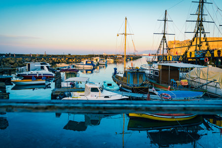 Cyprus, Girne, Kirenia - April, 2023: Kirenia Castle, evening view, Old harbour, famous historical popular tourist placeのeditorial素材