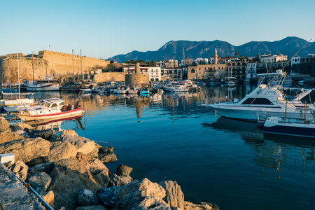Cyprus, Girne, Kirenia - April, 2023: Kirenia Castle, evening view, Old harbour, famous historical popular tourist placeのeditorial素材