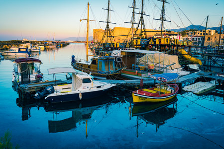 Cyprus, Girne, Kirenia - April, 2023: Kirenia Castle, evening view, Old harbour, famous historical popular tourist placeのeditorial素材