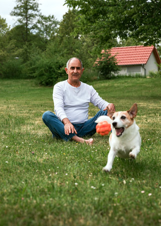 Senior Man Laughs as Dog Wins the Ballの写真素材