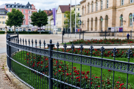 Blooming rose flowerbed on city square near Hofgarten and Chamber of Commerce in Coburg Bavaria. Sunny summer day, urban landscaping with historic background and floral colorの写真素材