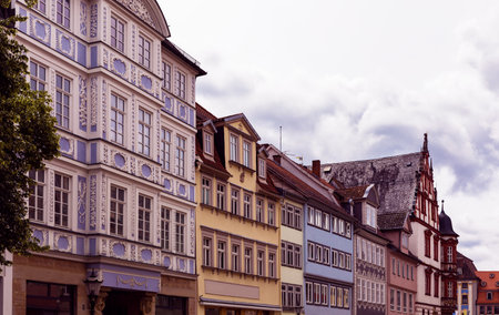 Historic buildings on Spitalgasse street in Coburg city centerの写真素材
