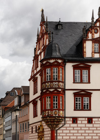 Renaissance Stadthaus with arcades on historic market square Coburgの写真素材