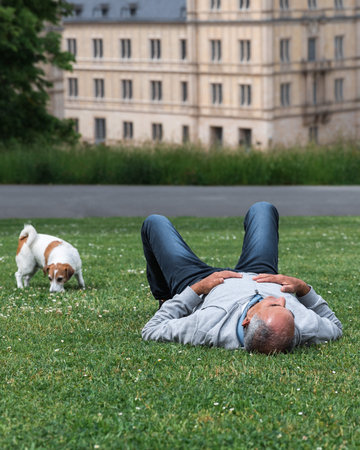 Elderly man lying on lawn in Coburg Hofgarten with dog walking nearby and Ehrenburg Palace backgroundの写真素材