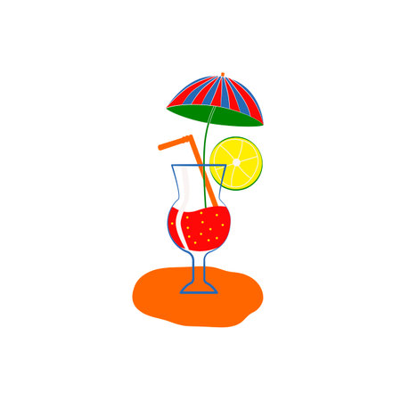 Bright cartoon-style cocktail glass with lemon slice, straw and paper umbrella. Fun summer illustration on white background. Perfect for vacation designs, party decorations and kids projects.のイラスト素材