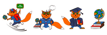 Vector set of funny cartoon fox characters in various school scenes reading book, rushing to school, graduating, and sitting with books and globe. Back to school concept in flat style.のイラスト素材