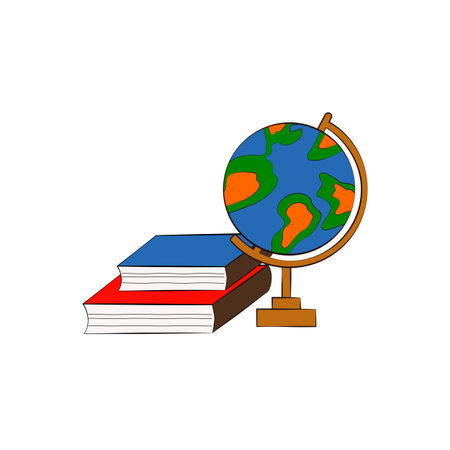 Vector illustration of stacked books with a school globe on white background. Bright cartoon style. Concept of education, back to school, knowledge, and learning.のイラスト素材