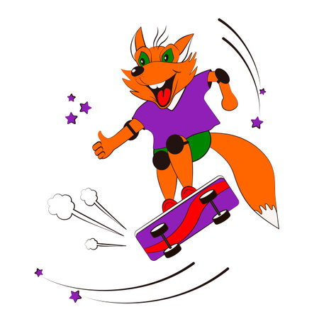 Cartoon-style fox joyfully skating, jumping high in the air and giving thumbs up. Fun, energetic flat vector illustration on white background. Perfect for kids designs, sports themes and stickers.のイラスト素材