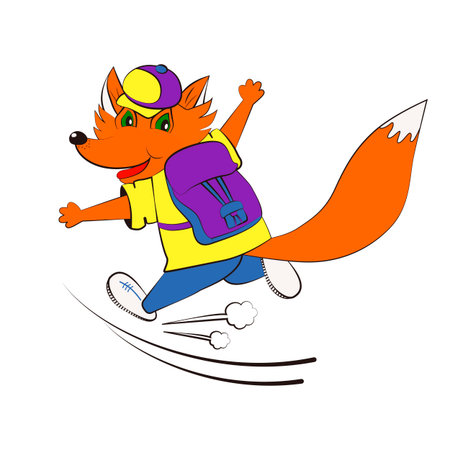 Happy cartoon-style fox boy running fast. Wearing cap and backpack. Bright flat vector illustration full of energy and fun.のイラスト素材