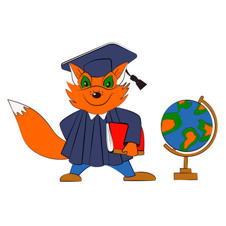 Cute cartoon fox wearing graduation cap and gown, proudly holding a book or notebook. School globe. Symbol of success, achievement and education. Flat vector illustration on white background.のイラスト素材