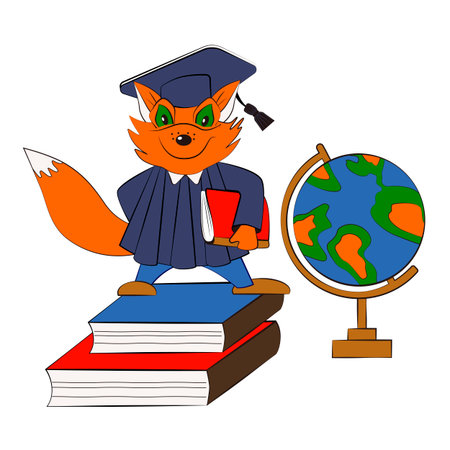 Cute cartoon fox wearing graduation cap and gown, proudly standing on stack of textbooks and holding a book or notebook. School globe. Symbol of success, achievement and education.のイラスト素材