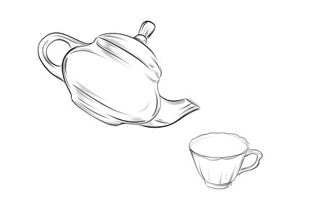 Vintage teapot with teacup line drawing vectorのイラスト素材