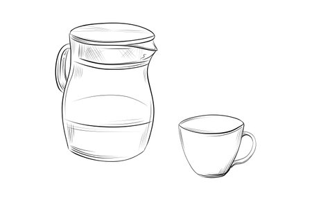 Glass pitcher and teacup sketch drawing vectorのイラスト素材