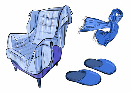 Vector hand drawn cozy winter chair blanket slippers setのイラスト素材