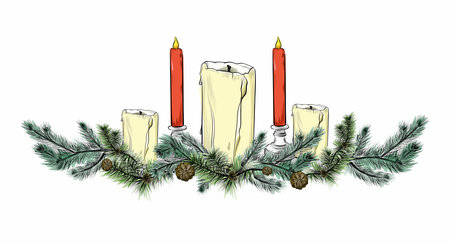 Christmas composition with candles and fir branches illustrationのイラスト素材