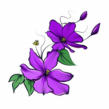 Purple clematis flower branch botanical illustrationのイラスト素材