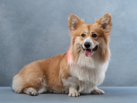portrait of longhair welsh corgi Pembroke with colored fur. Dog in the studio. Fluffy pet on a blue backgroundの写真素材