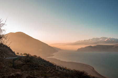 Charvak in Uzbekistan. Sunset in the mountains near the lake beautiful landscape. Beautiful places near Tashkentの写真素材