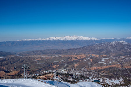 View from Chimgan mountains of the western Tien Shan. Sunny landscape. Mountains os Asia. Ski tourism in Uzbekistanの写真素材