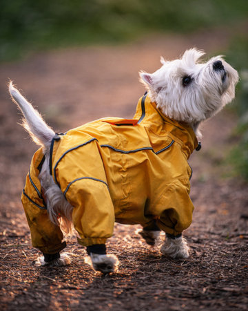 Westhighland White Terrier in yellow raincoats stands in the forest. Pet at sunset background. Dog on walk. Clothes for dogsの写真素材
