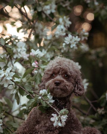 Brown toy poodle among a blossoming apple tree. Dog in spring garden at sunset. Beautiful pet with big eyesの写真素材
