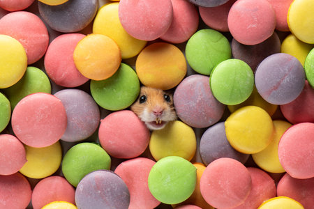 Muzzle of tricolor Syrian hamster sticks out among multi-colored macaroon cookies. Funny curious pet and bright sweets. Portrait of cheerful rodent. High quality horizontal photoの写真素材