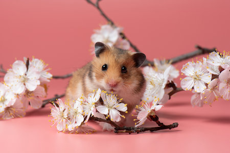 Small brown Syrian Hamster sits among cherry blossoms on a pink background. Spring portrait of a cute pet in studio. Happy rodent among white flowers.の写真素材