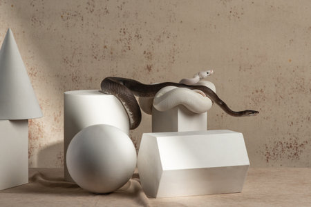 Ball pythons crawl over white plaster figures against beige canvas in the studio. Black and White snakes on composition for artists. Fine art photography with exotic pets. Horizontal photo of reptilesの写真素材