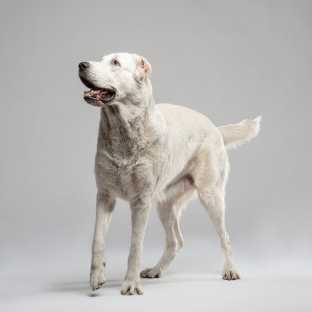 White Alabay stand on a light grey background and bent front paw. Studio portrait of a guard dog. Vertical photo of a petの写真素材