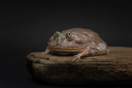 Budgetts frog resting on flat rock. Funny amphibian on dark background. Exotic pet in studio. Lepidobatrachus laevis portrait. High quality horizontal photoの写真素材