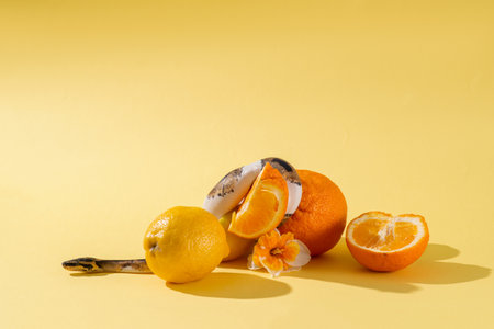 Piebald ball python, flower, sliced lemon and orange. Snake wrapped around orange on yellow background. Exotic pet, narcissus and fruits in studio. Colorful horizontal photo with copy spaceの写真素材