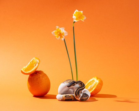 Piebald ball python with narcissus and sliced orange. Snake on orange background with flowers and fruits. Exotic pet cute studio shot. Colorful horizontal photoの写真素材